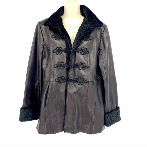 Brandon Thomas leather toggle coat faux fur collar L - Picture 1 of 11